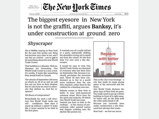 バンクシー、NYの新WTCビルをメッタ斬り!
